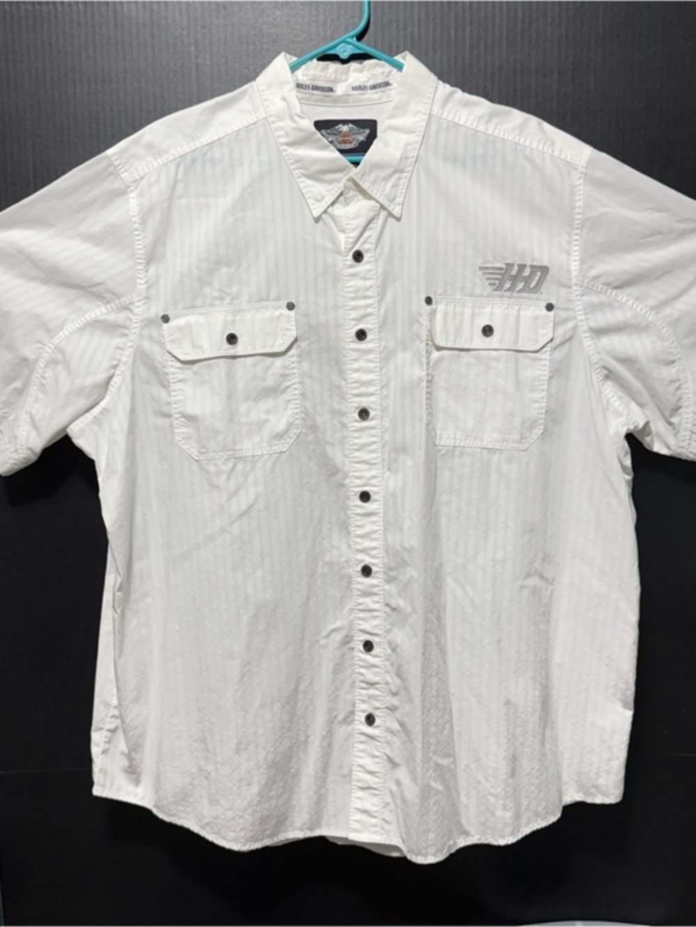 🪁Harley Davidson White Striped Textured Short Sleeve Snap Down Shirt